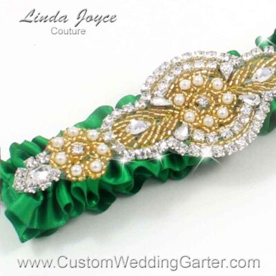 Custom Wedding Garter: Emerald Green and Gold Satin Beaded Pearl Wedding Garter “Charlotte 01” Gold